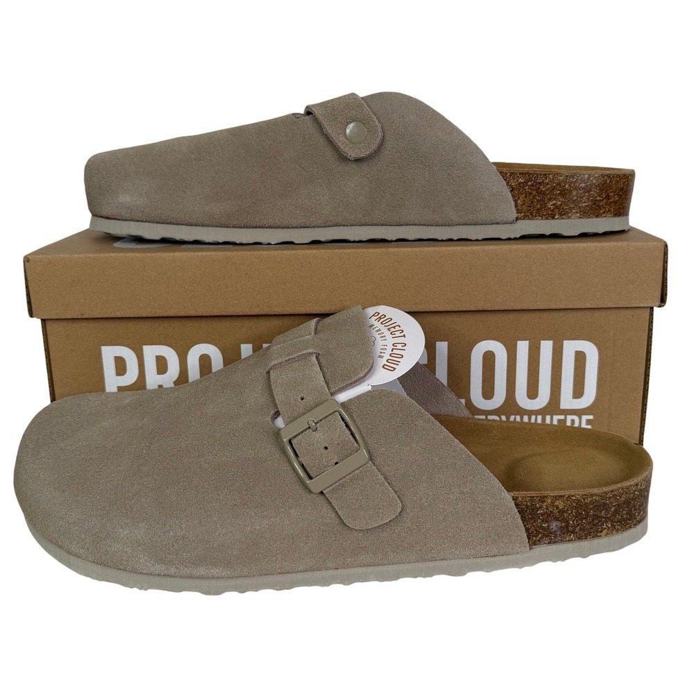 Project Cloud Brooklyn Mens Suede Clogs Taupe Memory Foam Buckle Mules 12 NEW